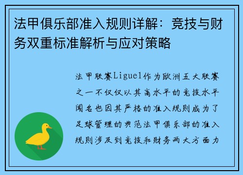 法甲俱乐部准入规则详解：竞技与财务双重标准解析与应对策略