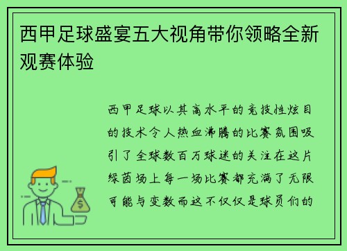 西甲足球盛宴五大视角带你领略全新观赛体验